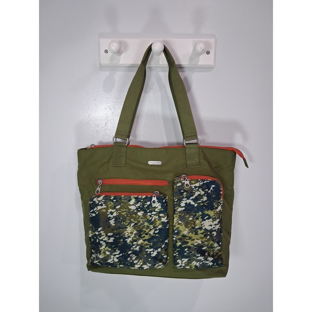 Baggallini Olive Green Camo Cargo Nylon Tote Bag Orange Zip Travel Shoulder Bag